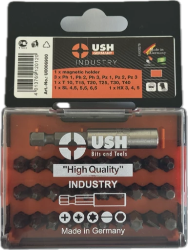 Насадки викруткові Industry USH: 1/4" з магнітним тримачем, PH, PZ, SL, Tx, HEX, 31 ел