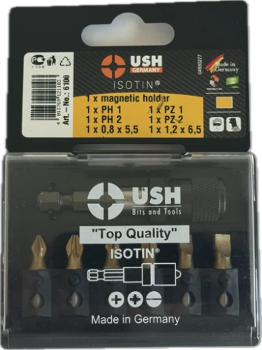 Набір насадок викруткових Isotin USH: 1/4", PH1, PH2, PZ1, PZ2, SL5.5, SL6.5 магнітний тримач, 7 ел.