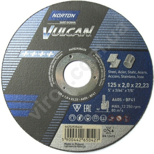 Диск відрізний по металу і нержавіючій сталі NORTON VULCAN Ø=125х22.2 мм t=2 мм