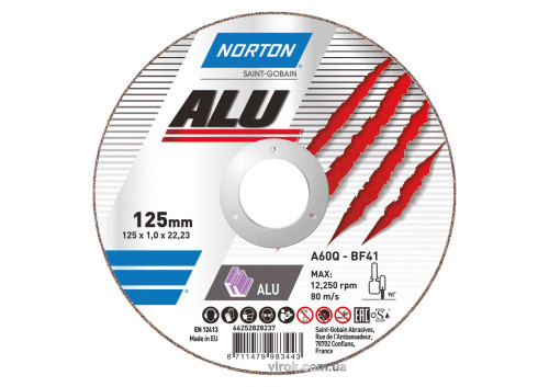 Диск відрізний по алюмінію  "NORTON-Alu" A60Q; Ø= 125/22,2 мм, t= 1,0 мм