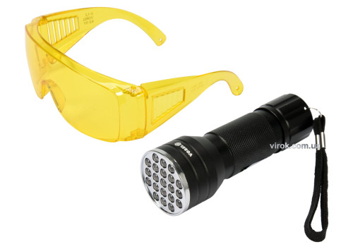Ліхтар ультрафіолетовий з окулярами для виявлення протікання рідини і перевірки банкнот VOREL 21 LED 3 x AAA