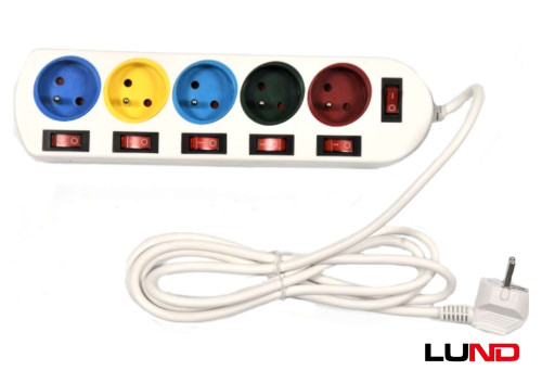 Подовжувач електричний LUND 2 м 5 гнізд з 5 вимикачами 3-жильний Ø1 мм² з заземленням