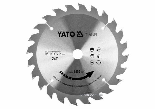 Диск пиляльний по дереву YATO 165 x 16 x 2.2 x 1.5 мм 24 зубці R.P.M до 9500 1/хв