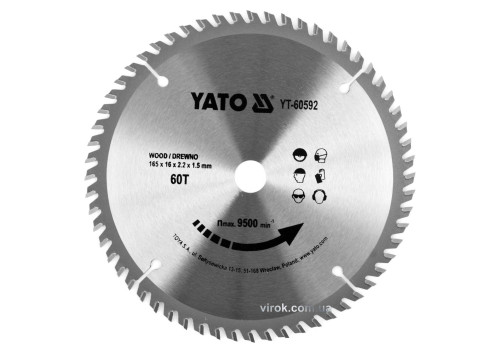 Диск пиляльний по дереву YATO 165 x 16 x 2.2 x 1.5 мм 60 зубців R.P.M до 9500 1/хв