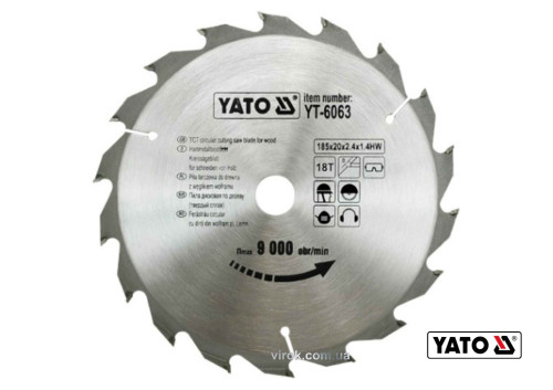 Диск пиляльний по дереву YATO 185 х 20 х 2.4 х 1.4 мм 18 зубців R.P.M до 9000 1/хв
