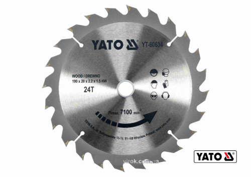 Диск пиляльний по дереву YATO 190 х 20 x 2.2 x 1.5 мм 24 зубці R.P.M до 7100 1/хв