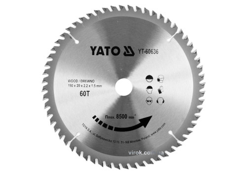 Диск пиляльний по дереву YATO 190 x 20 x 2.2 x 1.5 мм 60 зубців R.P.M до 8500 1/хв