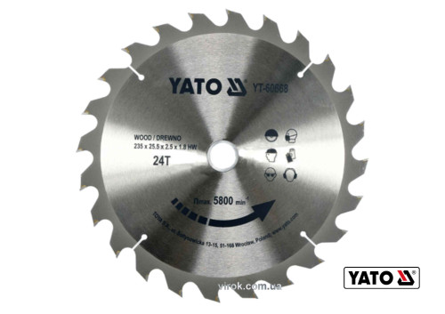 Диск пиляльний по дереву YATO 235 х 25.5 x 2.5 х 1.8 мм 24 зубці R.P.M до 5800 1/хв