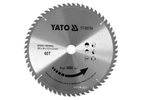 Диск пиляльний по дереву YATO 305 x 30 x 3.2 x 2.2 мм 60 зубців R.P.M до 5000 1/хв