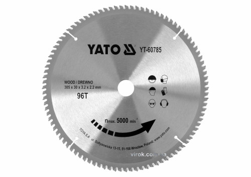 Диск пиляльний по дереву YATO 305 x 30 x 3.2 x 2.2 мм 96 зубців R.P.M до 5000 1/хв
