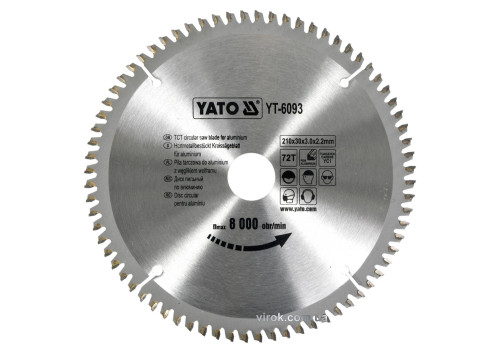 Диск пильний по алюмінію YATO 210 х 30 х 3.0 x 2.2 мм 72 зубці R.P.M до 8000 1/хв