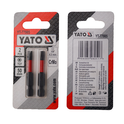 Насадка викруткова YATO TORX T27 х 50 мм. HEX 1/4", хром-молібден, 2 шт. 