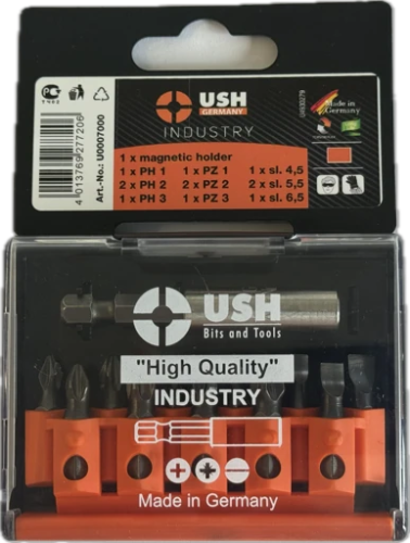 Набір насадок викруткових Industry USH: 1/4", PH1, 2xPH2, PZ1, 2xPZ2, SL4.5-6.5 магніт тримач, 12ел.