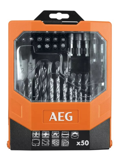 Набір свердл і насадок викруткових AEG: з шпинделем- 1/4", 25 свердл, 21 насадка, 50 шт. в футлярі