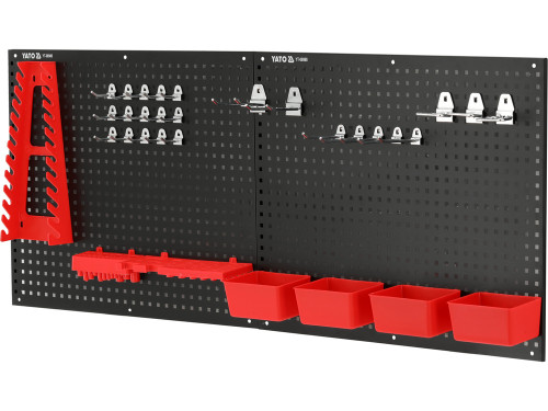 Таблиця перфорована настінна YATO: 25 різних гаків, 4 пласт. короб, карта гайк. ключ, по 1 полиц для