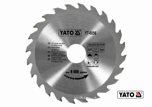 Диск пильный по дереву YATO 160 х 30 х 2.8 х 2 мм 24 зубца R.P.M до 9500 1/мин