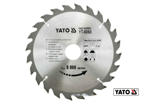 Диск пильный по дереву YATO 184 х 30 х 3.2 х 2.2 мм 24 зубца R.P.M до 9000 1/мин