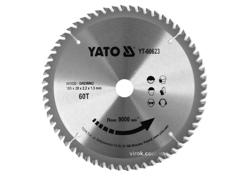 Диск пильный по дереву YATO 185 x 20 x 2.2 x 1.5 мм 60 зубцов R.P.M до 9000 1/мин