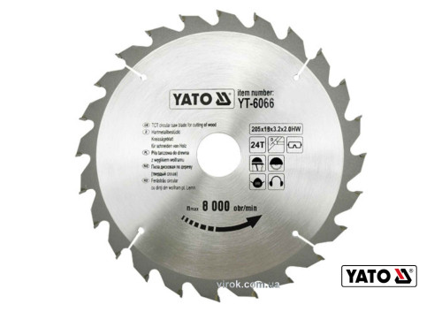 Диск пильный по дереву YATO 205 х 18 х 3.2 x 2 мм 24 зубца R.P.M до 6000 1/мин