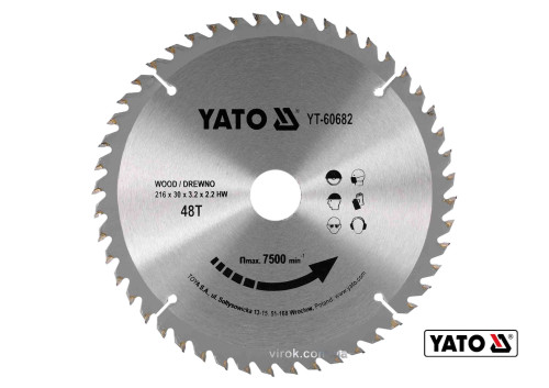 Диск пильный по дереву YATO 216 х 30 х 3.2 х 2.2 мм 40 зубцов R.P.M до 7500 1/мин