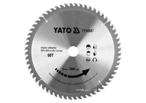 Диск пильный по дереву YATO 235 x 25.4 x 2.8 x 1.8 мм 60 зубцов R.P.M до 7000 1/мин