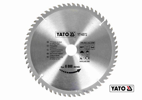 Диск пильный по дереву YATO 250 х 30 x 3.2 x 2.2 мм 60 зубцов R.P.M до 6000 1/мин
