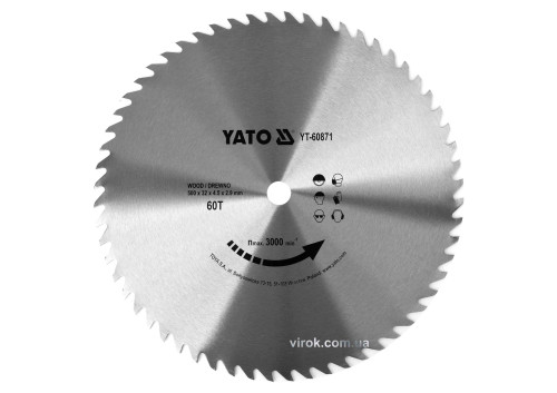 Диск пильный по дереву YATO 500 x 32 x 4.5 x 2.9 мм 60 зубцов R.P.M до 3000 1/мин