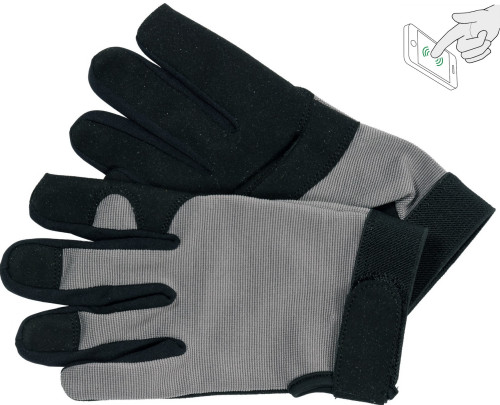 Перчатки рабочие черно-серые YATO, для сенсорных экранов, искусственная кожа + хлопковый трикотаж, размер 9