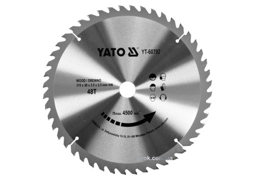 Диск пильный по дереву YATO 315 х 30 х 3.5 х 2.5 мм 48 зубцов R.P.M до 4500 1/мин