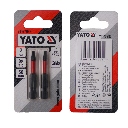 Насадка викруткова YATO TORX T15 х 50 мм. HEX 1/4", хром-молібден, 2 шт. 