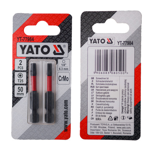 Насадка викруткова YATO TORX T25 х 50 мм. HEX 1/4", хром-молібден, 2 шт. 