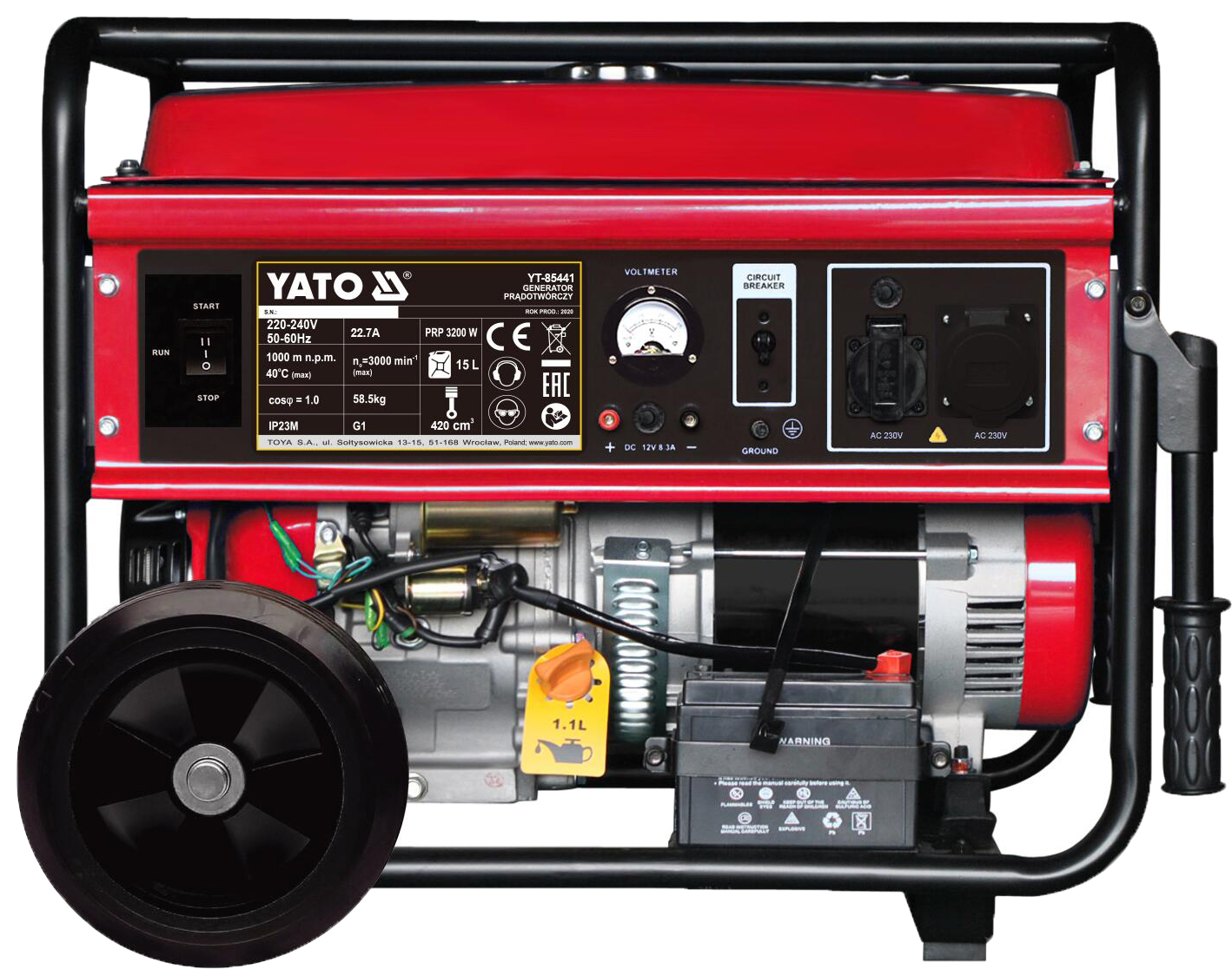 Генератор струму бензиновий YATO: P= 5 кВт, U= 230V AC і 12V DC